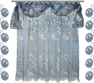 12pc Capri Bathroom Sheer Shower Curtain Sets & 12 Hooks - Modern Classic Luxury Contemporary Decor Blue Shower Curtain Stylish Bath Sets