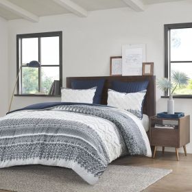 3 Piece Cotton Comforter Set with Chenille Tufting Navy Full/Queen