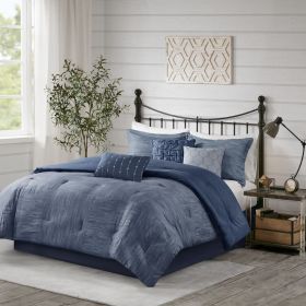 7 Piece Printed Seersucker Comforter Set Navy Queen