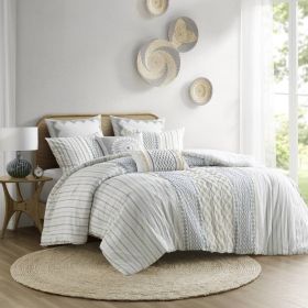 Cotton Printed Comforter Set with Chenille White/Navy Full/Queen