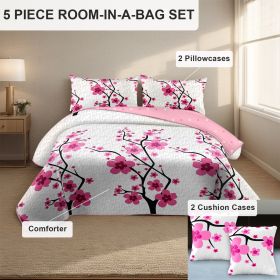 5-Piece Pink Cherry Blossom Bedding Set (Queen/King/Cal King) - Microfiber Quilt + Pillow Shams (Color: pink mei flower, size: KING)