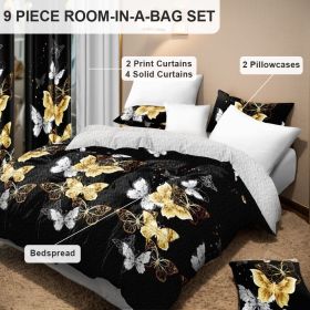 9-Piece Black & Gold Butterfly Bedding & Curtain Set (Queen/King/Cal King) - Quilted Microfiber Bedspread + Sheer Curtains (Color: black/gold butterfly, size: QUEEN)